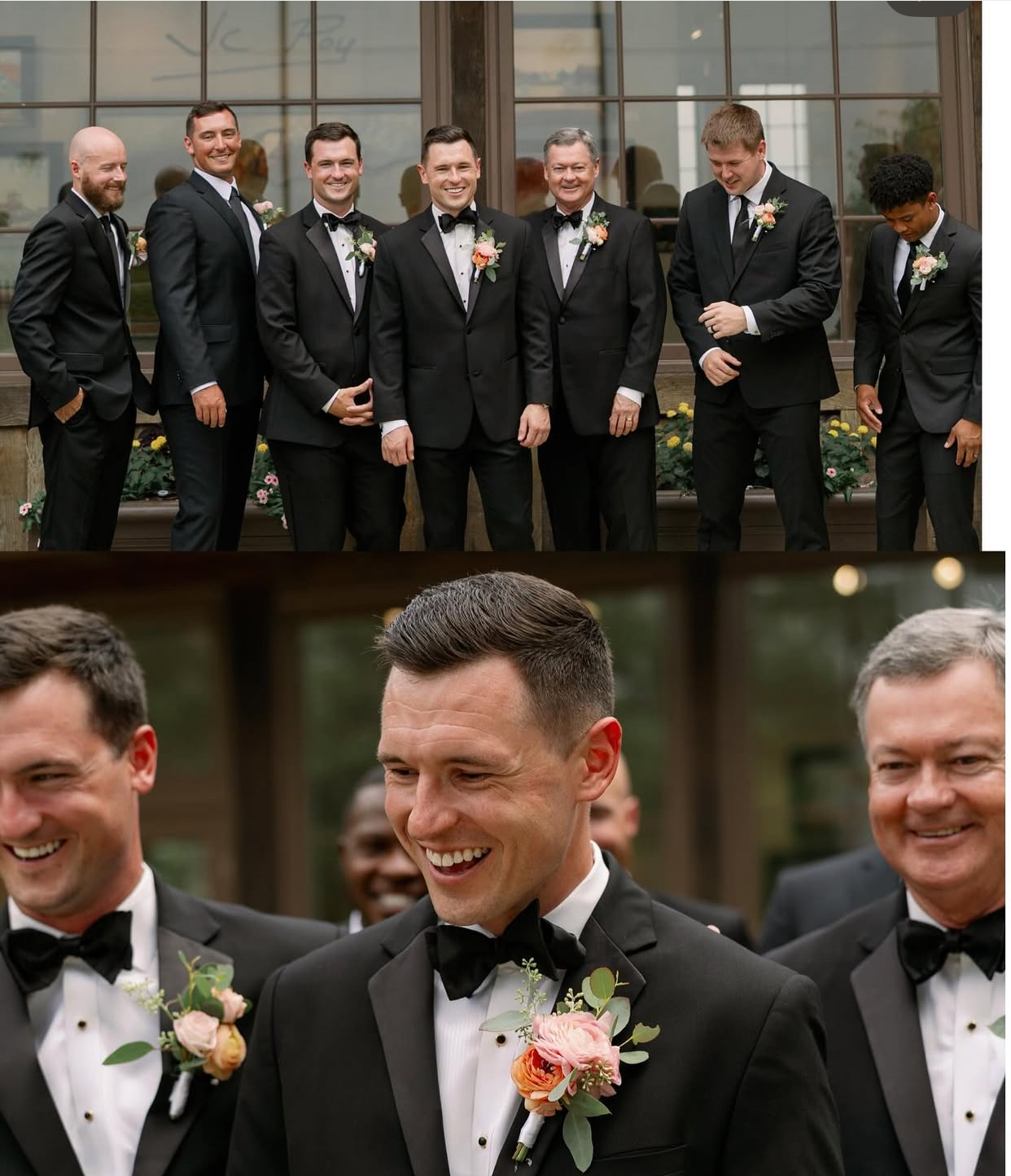 groom laughing with groomsmen